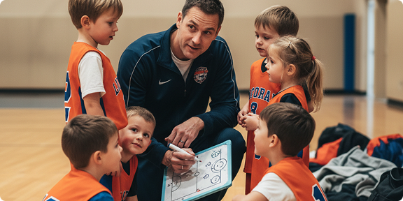 A basketball coach huddles with young children in orange jerseys to explain a play on a whiteboard.
