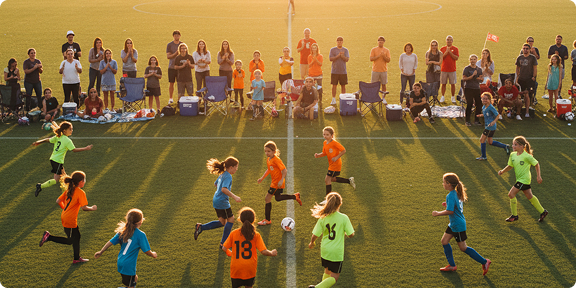 Families watch children play a youth soccer game on a green field during sunset.